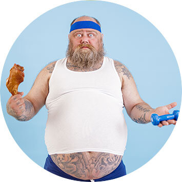 Overweight man holding food